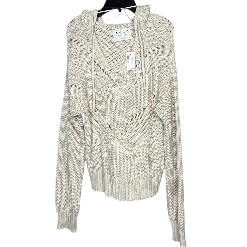 Aero Cropped Cream Hooded Loose Weave Long Sleeve Pullover Sweater Medium New